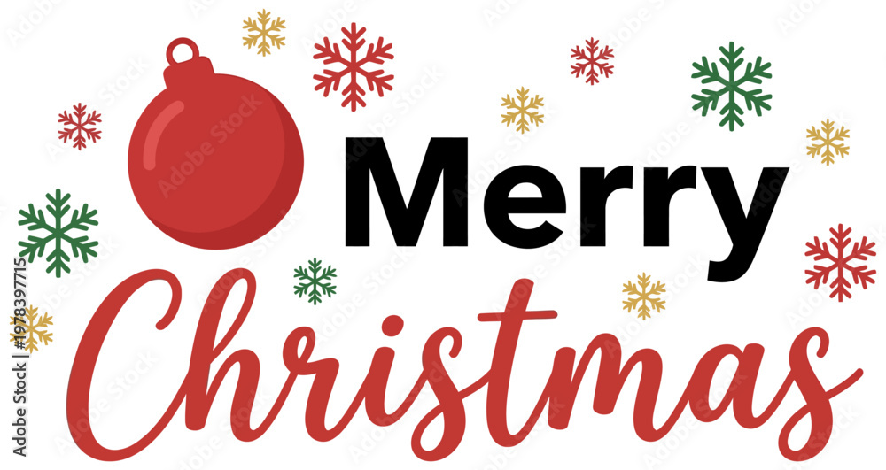 Fototapeta premium A red Christmas ornament and colorful snowflakes surround the festive greeting Merry Christmas in bold black and script red typography holiday celebration season winter gold