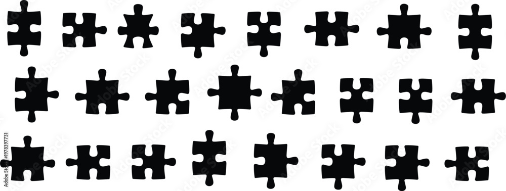 Naklejka premium Jigsaw puzzle piece silhouette collection set, black logic game elements for business solution isolated vector illustration