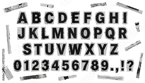 Collection of torn newspaper alphabet letters and numbers with punctuation marks cut out and arranged in a creative layout black white gray grunge distressed font typography