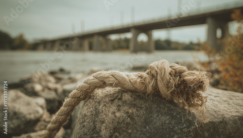 close-up of an old rope on a rock with a bridge in the background, and a forest lake in the background.