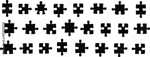 Jigsaw puzzle piece silhouette collection set, black logic game elements for business solution isolated vector illustration
