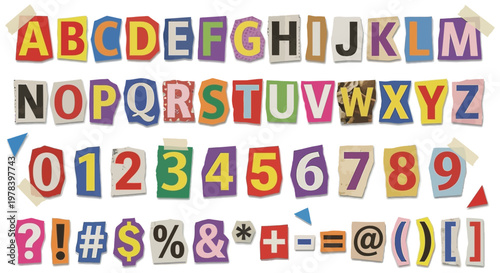 A complete set of alphabet letters numbers zero through nine and various punctuation symbols cut from colorful paper and adhered with tape 184 characters cut out ransom note