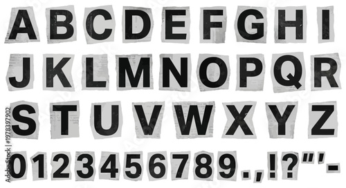 All uppercase letters of the English alphabet digits zero through nine and common punctuation marks displayed as cut out paper pieces numbers typography cutout newspaper torn