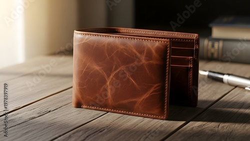 Brown leather bifold wallet with visible grain and stitching on a rustic wooden table genuine leather