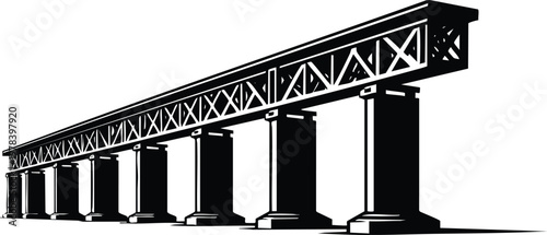 Black and white illustration of a long railway viaduct a strong architectural structure for transportation and infrastructure projects isolated on white isolated on white background