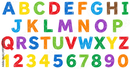 Colorful hand drawn letters of the English alphabet from A to Z and numbers from 0 to 9 displayed in rows font ABC education learning teaching writing symbols characters text