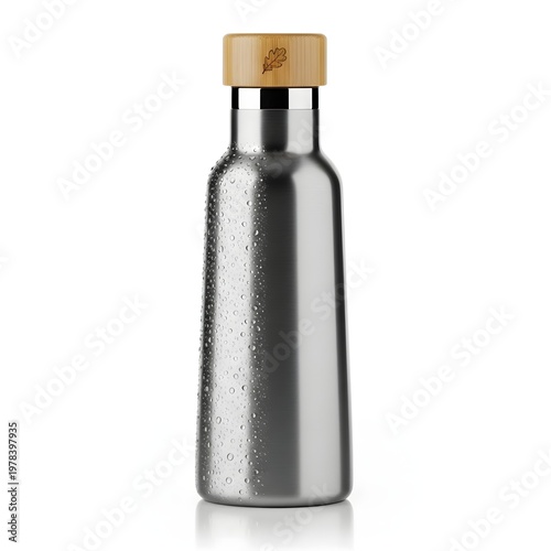 A sleek silver metal water bottle with a wooden cap and water droplets sits on a white background