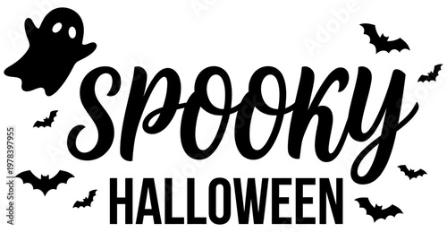 Spooky Halloween text with a ghost and bats illustration in black silhouette perfect for seasonal decorations and design elements holiday celebration horror scary night october