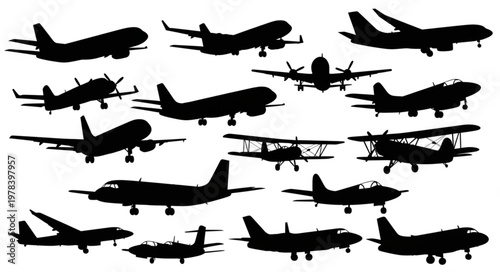 Collection of airplane silhouettes in various designs and sizes.