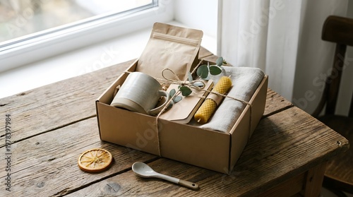 Gift Box Filled with Coffee Mug Beans Candle and Linen on a Rustic Wooden Table arranged natural