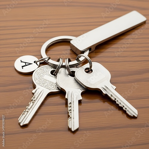 Silver Keychain With Three Silver Keys And A Silver Tag On A Wooden Surface whisk
