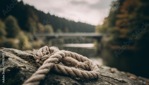 close-up of an old rope on a rock with a bridge in the background, and a forest lake in the background.