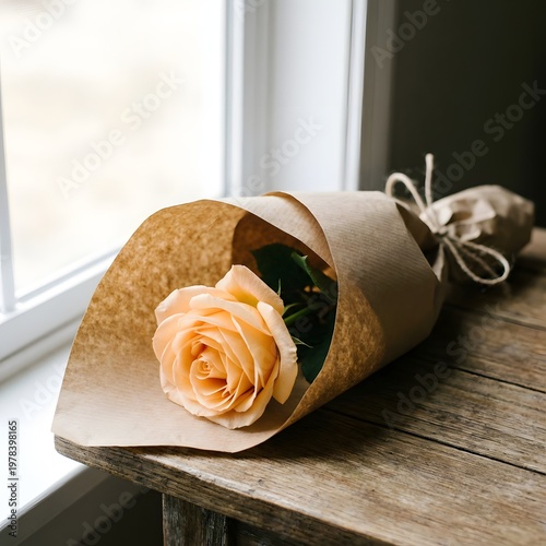 Single Peach Colored Rose Wrapped in Brown Kraft Paper Tied with Twine on a Rustic Wooden Table fresh