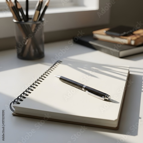 Spiral Bound Notebook With Black Pen And Pencils In A Holder On A Desk With Sunlight Shadows whisk