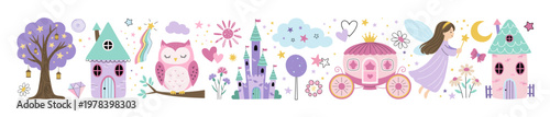 Sweet fantasy border with castle, fairy, clouds, stars. Cute pastel frame for kids design