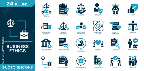 Business ethics icon set. Compliance, fairness, integrity, loyalty, trust, governance, transparency, anti corruption, auditing, accountability, sustainability, equality, diversity. Duotone vector icon