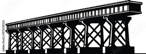 Black silhouette of a railway viaduct a long industrial bridge structure with supporting piers isolated on white background for design
