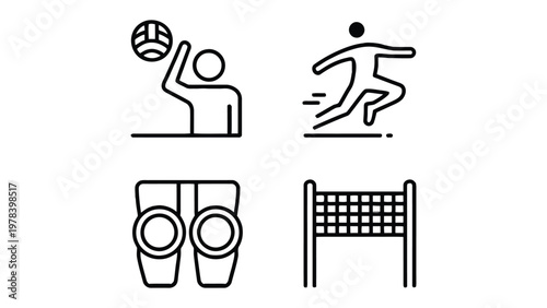 Volleyball Icon Set: A collection of simple, black and white line icons representing various elements of volleyball, including a player, ball, net, and protective gear.