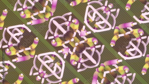 Abstract seamless 3D loop. Intertwined soft forms in pink and lemon tones on an olive background. Aesthetic organic animation for blogs, wellness content, and creative design