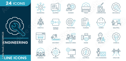 Engineering icon set. Blueprint, engineer, tools, construction, mechanical, robotics, planning, machinery, factory, engine, architect, electrical, civil, structure. Line vector icons.