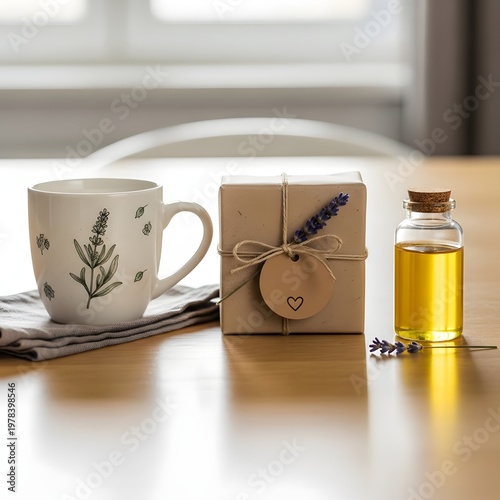 Ceramic mug with lavender botanical sits beside a gift box and essential oil bottle white