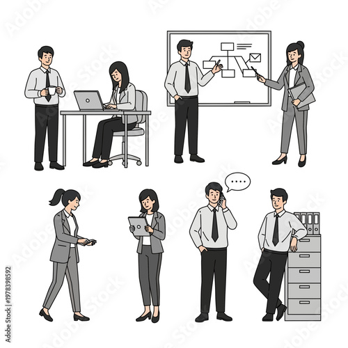 Diverse business professionals in modern office setting vector illustration
