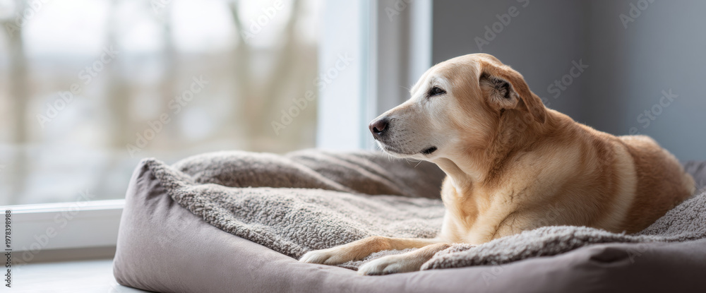 Obraz premium Senior dog resting on cozy bed indoors