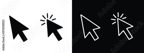 Computer mouse cursor arrow and click icons in black and white styles