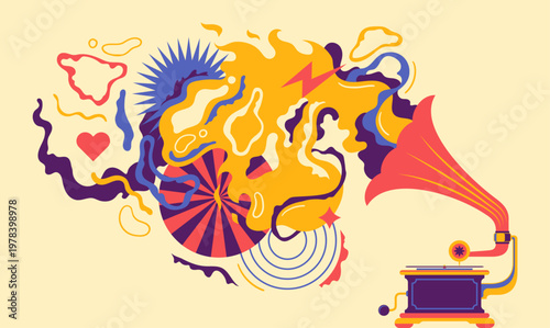 Colorful abstract illustration of a vintage gramophone with flowing shapes and dynamic retro elements. Vector illustration.