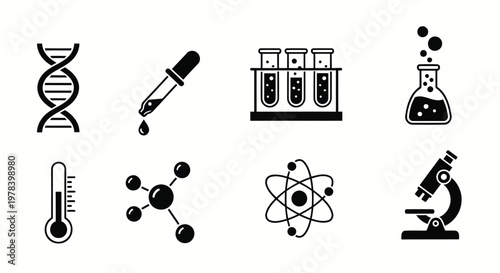 Science and laboratory icon set with DNA, microscope, flask, and atom symbols