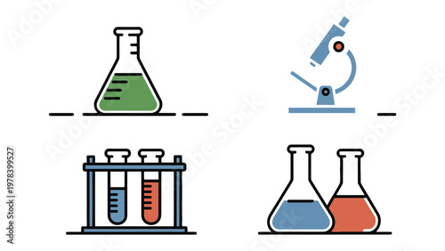 Science Lab Essentials: a collection of scientific icons featuring flasks, test tubes, and a microscope, set against a simple backdrop, represents scientific discovery and innovation.
