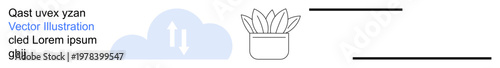 Cloud computing, data transfer, technology, minimalism, storage solutions, eco-friendly design. A cloud with sync arrows next to a potted plant sketch. Cloud computing and data transfer concept
