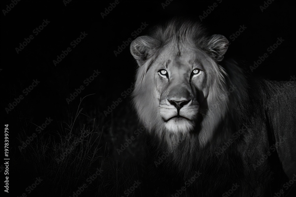 Fototapeta premium A majestic male lion gazes directly at the viewer with intense, luminous eyes