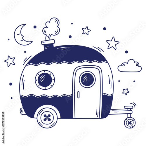 Whimsical Caravan Illustration with Moon and Stars in a Dreamy Night Sky for Kids and Adults