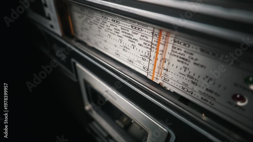 A vintage analog radio tuner dial glows with illuminated frequencies. The metallic faceplate features classic broadcasting bands and city names. An orange needle marks the active station.