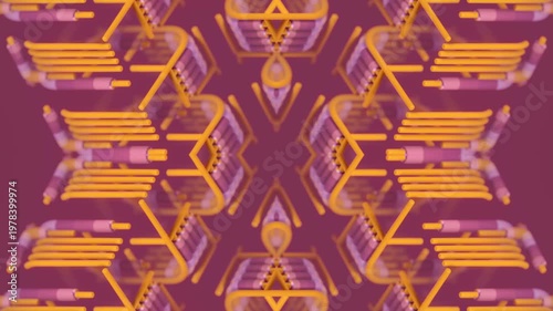 Vibrant 3D kaleidoscope. Pink and orange splines creating a symmetrical pattern with bokeh effect. Seamless loop in pastel tones for creative design, beauty blogs, and lifestyle content