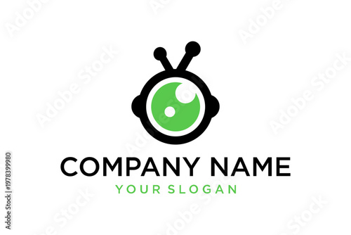Minimalist robot head logo with green eye and antennae on white