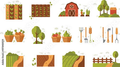 Farm Agriculture Vector Set with Barn Crops Fields Trees Tools Baskets and Rural Landscape Elements in Flat Illustration Style Design.