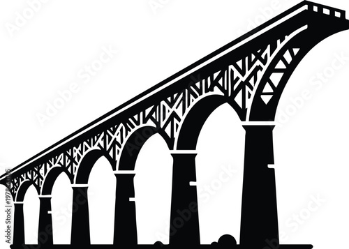 Black silhouette of a long viaduct bridge with arched supports a graphic vector illustration for architectural design and travel concepts isolated on white background