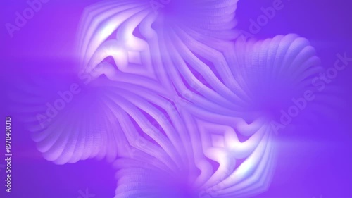 Mesmerizing 3D animation. A neon-purple abstract structure with a ribbed texture smoothly pulsates in a symmetrical kaleidoscopic pattern. A perfect seamless background for design