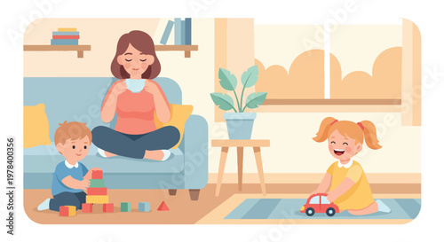 Happy family mother and kids playing in living room together woman sitting on sofa drinking coffee children on floor building with blocks