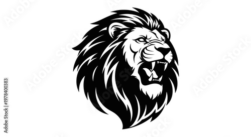 Fierce Lion Head Roaring, Black and White Vector Illustration, Symbol of Power