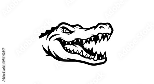 Aggressive Alligator Head Logo, Open Mouth, Sharp Teeth, Fierce Expression, Black and White