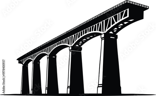 Black and white viaduct bridge illustration architectural structure with arches and pillars isolated on white background for design