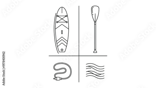 Paddleboard Essentials: A minimalist illustration showcases the essential gear needed for paddleboarding, capturing the core elements of the sport in a clean, elegant design.