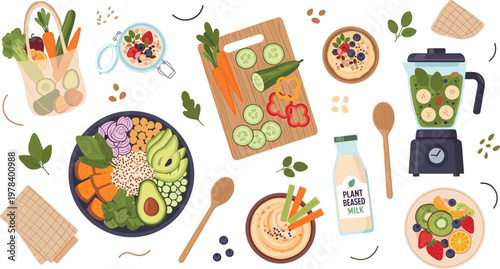 Healthy Vegan Food Vector Collection with Smoothie Bowl Salad Blender Plant Based Milk Fresh Fruits and Vegetables in Flat Illustration Style.