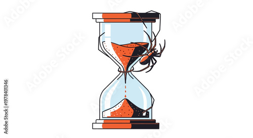 A spider climbing on an hourglass with orange and black sand.