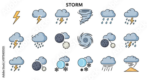 Collection of hand drawn weather storm icons and meteorological symbols.
