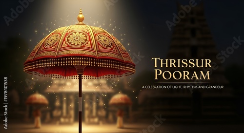 Vibrant red umbrella with golden accents floats in air amidst raindrops over water with traditional indian temple background during thrissur pooram festival ... See More