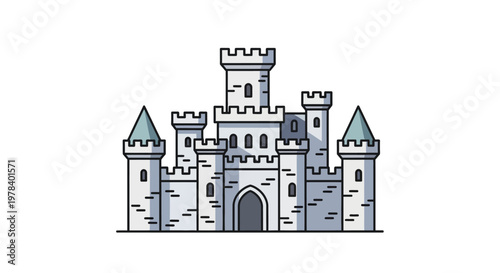 Illustration of a medieval stone castle with multiple towers and a gateway.